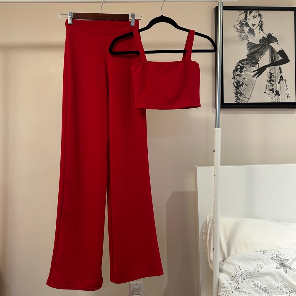 Red co-ord two piece pants suit set, crop top and wide leg pants in size small
